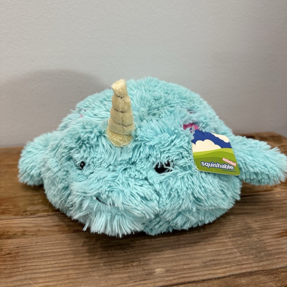 Mini Squishable Baby Narwhal Plush 7" Aqua Blue Pink Gills 2017 Retired NWT